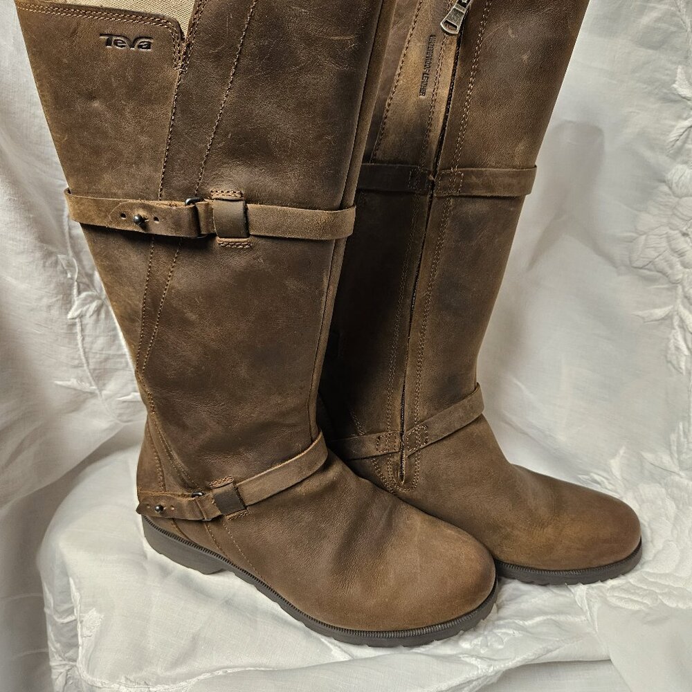 Teva de la vina Women's Leather Riding Boots Size 7.5 Brown Tall Zip Waterproof